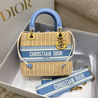 Dior Medium Lady Dior Bag In Wicker and Light Blue Oblique Jacquard TDBS25262