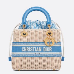 Dior Medium Lady Dior Bag In Wicker and Light Blue Oblique Jacquard TDBS25262