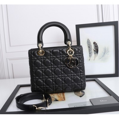 Dior Medium Lady Dior Bag with Enamel Charm In Black Lambskin TDBS25176