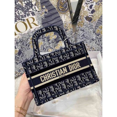 Dior Mini Book Tote Bag In Blue Dior Oblique Embroidered Velvet TDBS2961