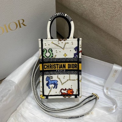 Dior Mini Book Tote Phone Bag In White Pixel Zodiac Embroidery TDBS2971