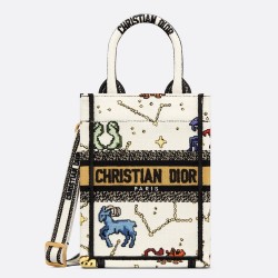 Dior Mini Book Tote Phone Bag In White Pixel Zodiac Embroidery TDBS2971