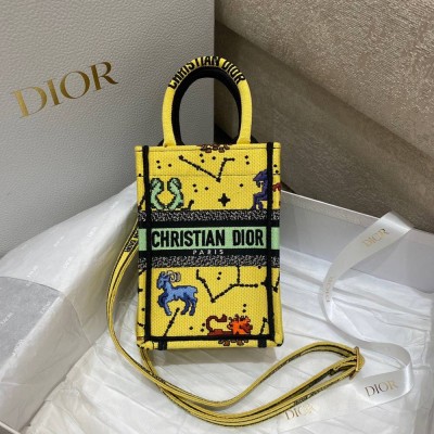 Dior Mini Book Tote Phone Bag In Yellow Pixel Zodiac Embroidery TDBS2972