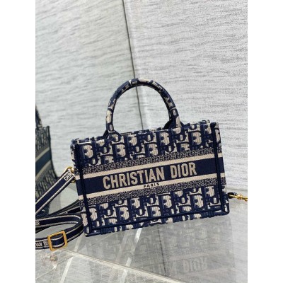 Dior Mini Book Tote with Strap in Blue Dior Oblique Embroidery TDBS25501