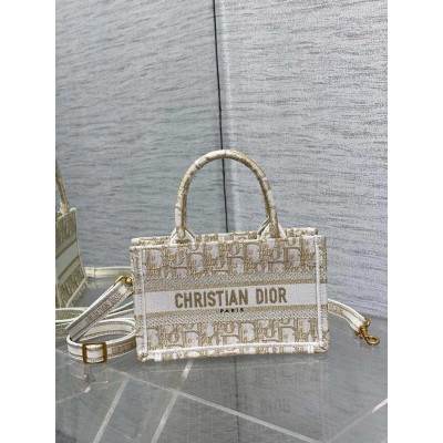 Dior Mini Book Tote with Strap in Gold-Tone Dior Oblique Embroidery TDBS25503