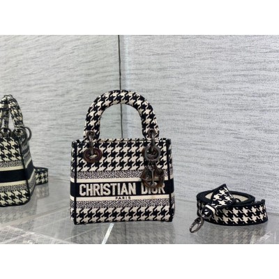 Dior Mini Lady D-Lite Bag In Black and White Houndstooth Embroidery TDBS25172