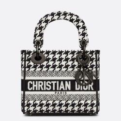 Dior Mini Lady D-Lite Bag In Black and White Houndstooth Embroidery TDBS25172