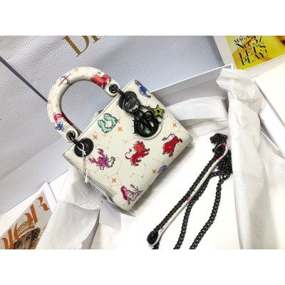 Dior Mini Lady Dior Bag In White Calfskin with Pixel Zodiac Print TDBS25295