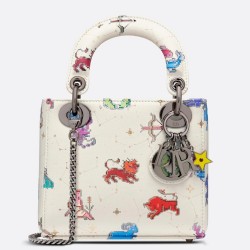 Dior Mini Lady Dior Bag In White Calfskin with Pixel Zodiac Print TDBS25295