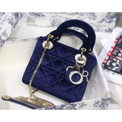 Dior Mini Lady Dior Chain Bag In Blue Velvet TDBS25301