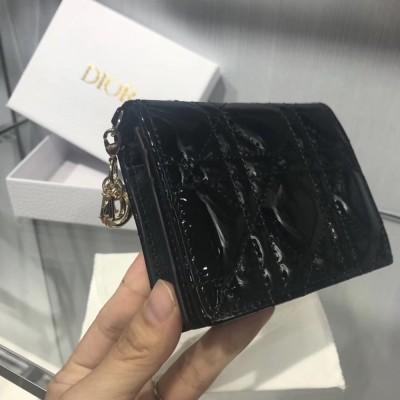 Dior Mini Lady Dior Wallet In Black Patent Leather TDBS25564