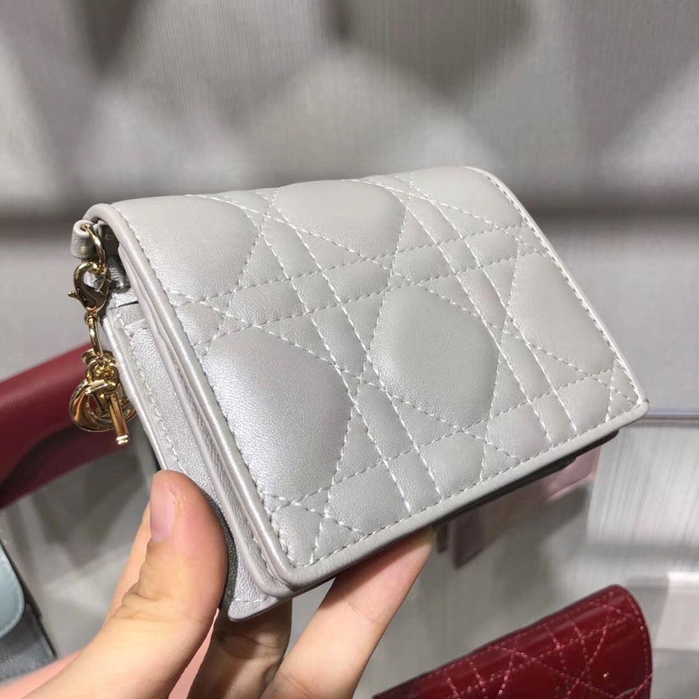 Dior Mini Lady Dior Wallet In Opal Grey Pearly Lambskin TDBS25568