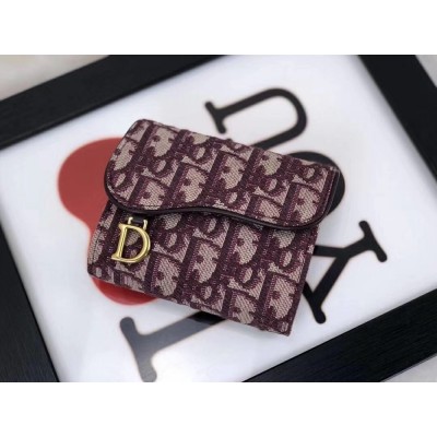 Dior Mini Saddle Tri-Fold Wallet In Bordeaux Oblique Canvas TDBS25573