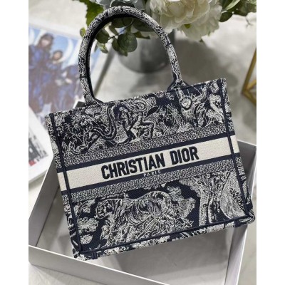 Dior New Small Book Tote In Blue Toile de Jouy Reverse Embroidery TDBS2975