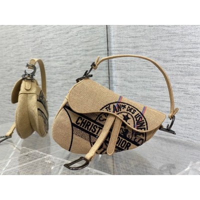 Dior Saddle Bag In Beige Jute Canvas with Dior Union Motif TDBS25427