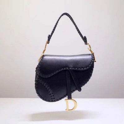 Dior Saddle Bag In Black Calfskin With Threaded Edges TDBS25431