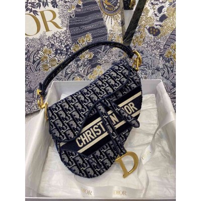 Dior Saddle Bag In Blue Dior Oblique Embroidered Velvet TDBS25436