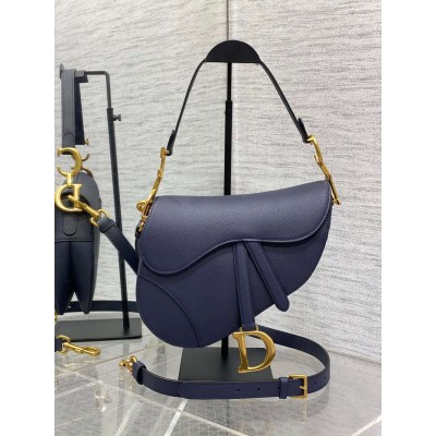 Dior Saddle Bag with Strap in Indigo Blue Grained Calfskin TDBS25512