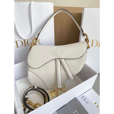 Dior Saddle Bag with Strap in White Grained Calfskin TDBS25513