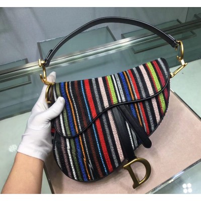 Dior Saddle Canvas Bag Embroidered With Multi-coloured Stripes TDBS25465