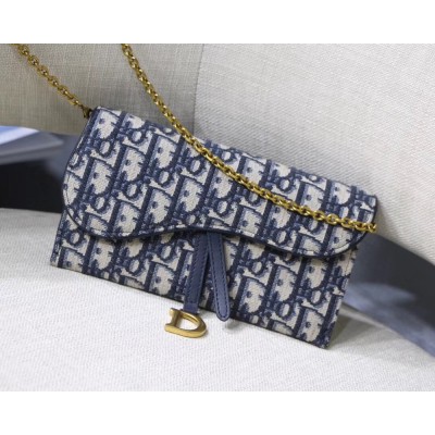 Dior Saddle Chain Wallet In Blue Oblique Canvas  TDBS25576