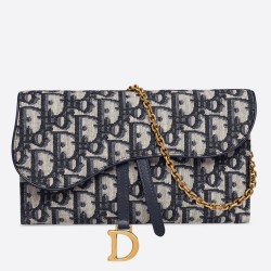 Dior Saddle Chain Wallet In Blue Oblique Canvas  TDBS25576