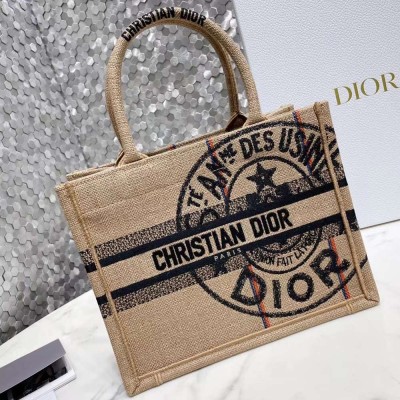 Dior Small Book Tote Bag In Beige Jute Canvas with Dior Union Motif TDBS2977