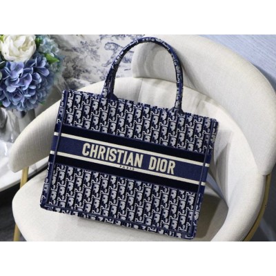 Dior Small Book Tote Bag In Blue Oblique Embroidered Velvet TDBS2979