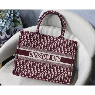 Dior Small Book Tote Bag In Bordeaux Oblique Canvas TDBS2981