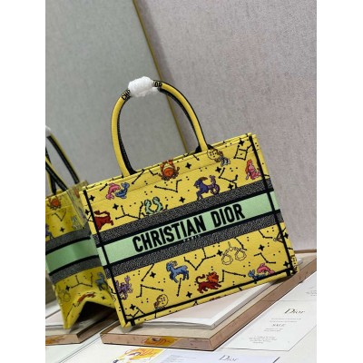 Dior Small Book Tote Bag In Yellow Multicolor Pixel Zodiac Embroidery TDBS2994