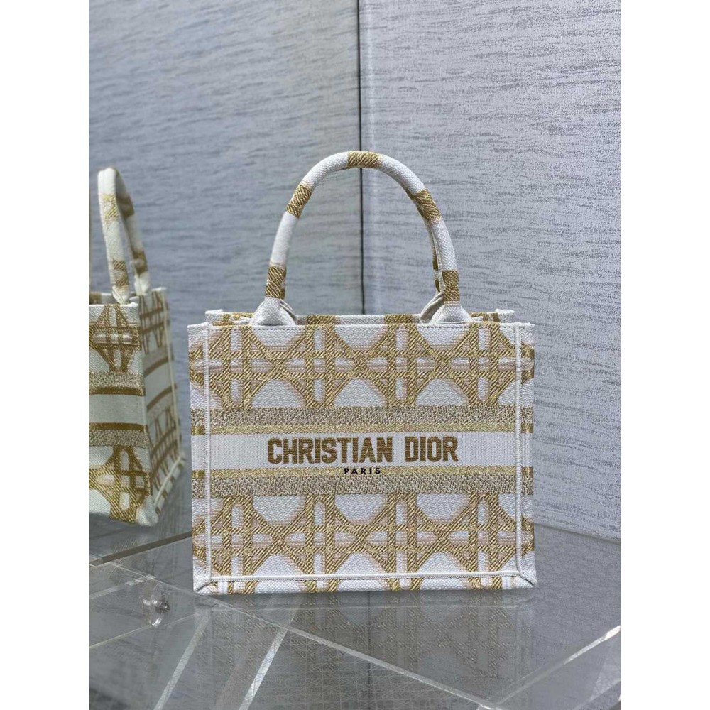 Dior Small Book Tote Bag in White and Gold Macrocannage Embroidery  TDBS2991