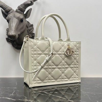 Dior Small Book Tote Bag with Strap in White Macrocannage Calfskin TDBS25525