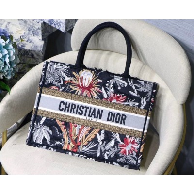 Dior Small Book Tote In Black Camouflage With Flowers TDBS2996