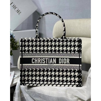 Dior Small Book Tote In Black Houndstooth Embroidery TDBS2997