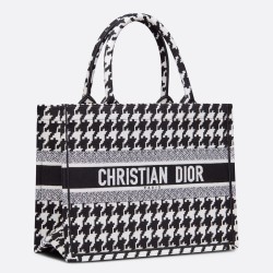 Dior Small Book Tote In Black Houndstooth Embroidery TDBS2997