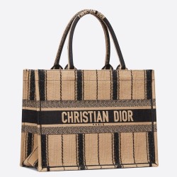 Dior Small Book Tote In Black and Beige Bayadere Embroidered TDBS2995