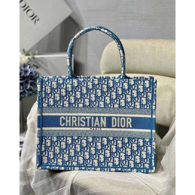 Dior Small Book Tote In Cornflower Blue Dior Oblique Embroidery TDBS25001