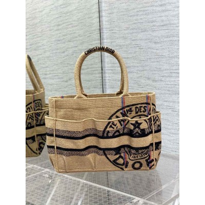 Dior Small Catherine Tote Bag In Beige Jute Canvas with Union Motif TDBS25543