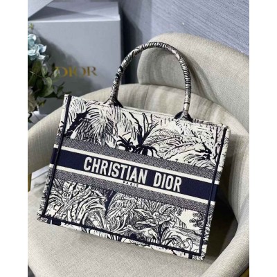 Dior Small Dior Book Tote In Blue Toile de Jouy Palms Embroidery TDBS25011