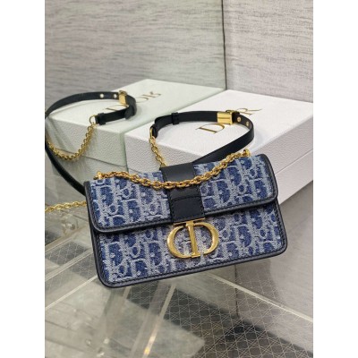 Dior 30 Montaigne East-West Bag with Chain in Blue Denim Oblique Jacquard