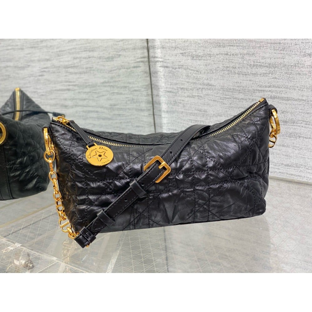 Dior Diorstar Hobo Bag with Chain in Black Crinkled Calfskin