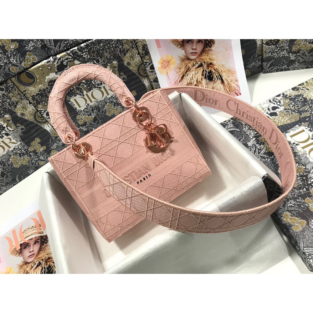 Dior Lady D-Lite Medium Bag In Pink Cannage Embroidered Canvas