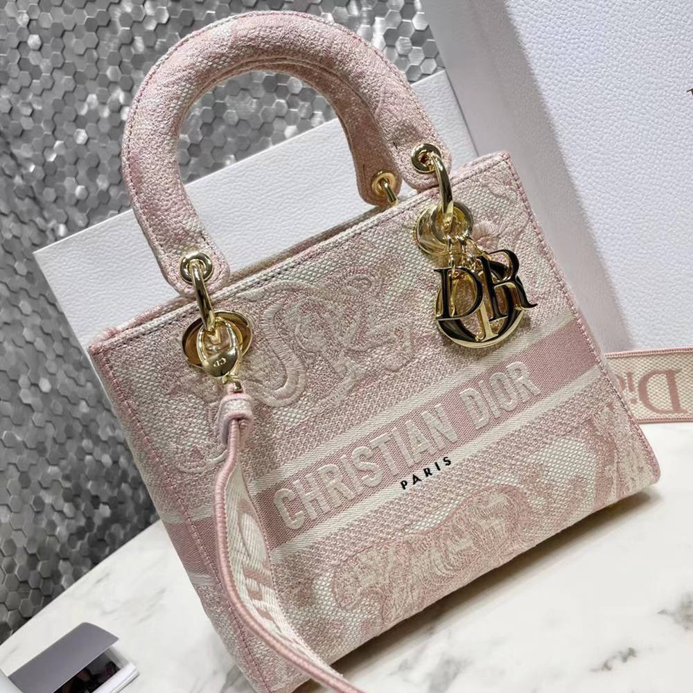 Dior Lady D-Lite Medium Bag In Pink Toile de Jouy Embroidery