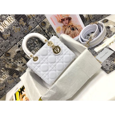 Dior Lady D-Lite Medium Bag In White Macrocannage Technical Fabric