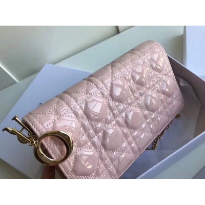 Dior Lady Dior Chain Pouch In Pink Patent Cannage Calfskin