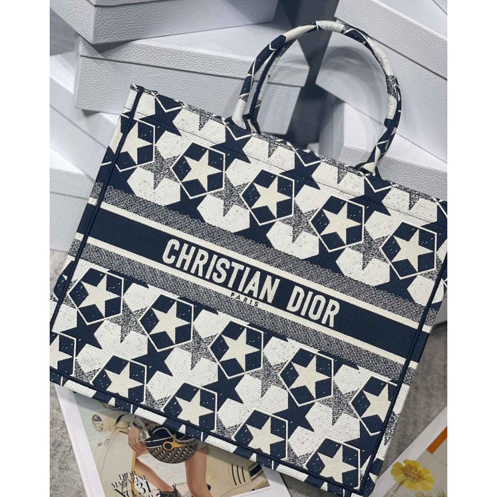 Dior Large Book Tote Bag In Blue and White Dior Etoile Embroidery