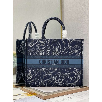 Dior Large Book Tote Bag In Blue Dior Roses Embroidery