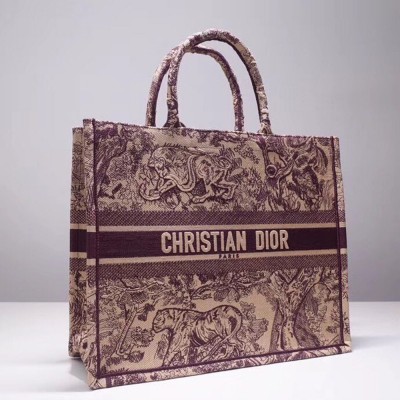 Dior Large Book Tote Bag In Bordeaux Toile de Jouy Embroidery