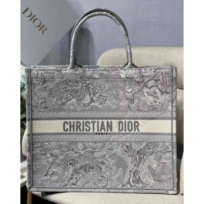 Dior Large Book Tote Bag In Gray Toile de Jouy Reverse Embroidery