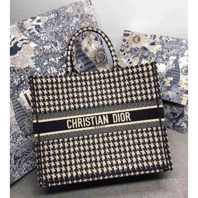 Dior Large Book Tote Bag In Beige Houndstooth Embroidery Canvas